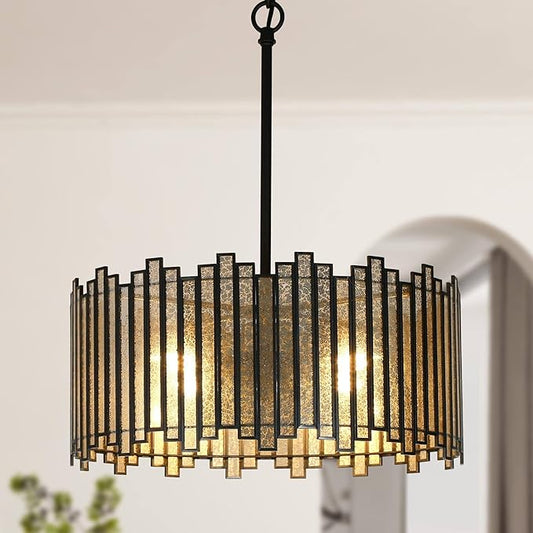 KSANA Black Drum Chandelier, 4-Light Modern Drum Pendant Hanging Light Fixtures with Colored Glass Shade for Dining & Living Room, Bedroom, Foyer and Kitchen, 15.7'' D x 18.9'' H