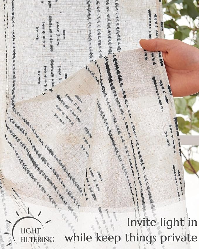 jinchan Boho Kitchen Curtains Linen Cafe Tier Curtains 45 Inch Bohemian Geometric Striped Mudcloth Small Window Drapes for Living Room Bathroom Cabinet Light Filtering Back Tab 2 Panels Black on Flax