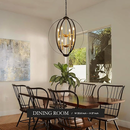 23.6''Black Gold 8-Light Globe Chandelier, Modern Industrial Adjustable Hanging Ceiling Pendant Light Fixture for Entryway Foyer Stairway Hallway Bedroom Living Room Kitchen Island