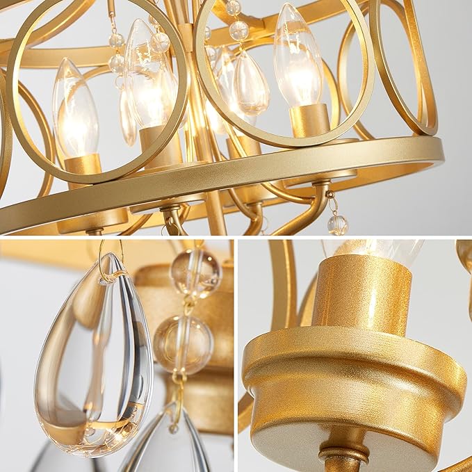 Crystal Ceiling Light Fixture, Modern Semi Flush Mount Ceiling Light, 4-Light Gold Round Crystal Chandelier Hallway Lighting Fixtures for Bedroom Bathroom Foyer Entryway Dining Room Kitchen