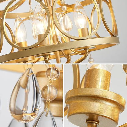 Crystal Ceiling Light Fixture, Modern Semi Flush Mount Ceiling Light, 4-Light Gold Round Crystal Chandelier Hallway Lighting Fixtures for Bedroom Bathroom Foyer Entryway Dining Room Kitchen