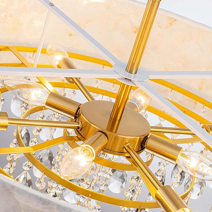 LumFurn D24inch Drum Capiz Shell K9 Crystal Chandeliers, 8-Light Coastal Style Pendant Light Fixture for Dining Room, Living Room, D24xH23~71 inch(Adjustable), Shell Lampshade & Gold Finish