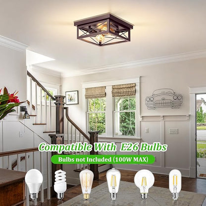 Brown Hallway Light Fixtures Ceiling, 2-Light Farmhouse Industrial Flush Mount Ceiling Lights, 2-Pack Modern Metal Kitchen Light Fixtures, Close to Ceiling Lights for Bedroom Living Room Entryway