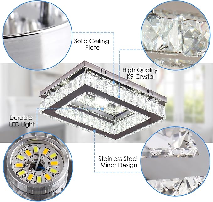 Finktonglan Crystal LED Flush Mount Ceiling Light, 11.8"×9.1" Rectangular Close to Ceiling Light, K9 Crystal & Mirror Stainless Steel, 20W 6000–6500K Cool White, Non-Dimmable