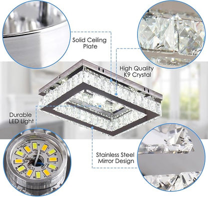 Finktonglan Crystal LED Flush Mount Ceiling Light, 11.8"×9.1" Rectangular Close to Ceiling Light, K9 Crystal & Mirror Stainless Steel, 20W 6000–6500K Cool White, Non-Dimmable