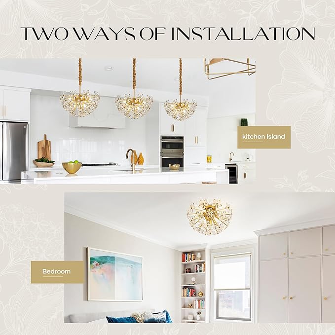 17" Modern Gold Crystal Sputnik Chandelier for Dining Living Room Glam Luxury Petal Hemisphere Chandelier 7-Light for Foyer Hallway Elegant Pendant Ceiling Light Fixtures for Kitchen Bedroom