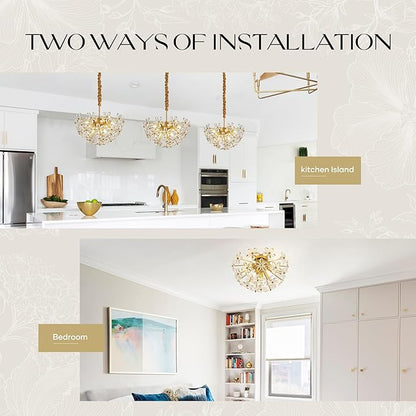 17" Modern Gold Crystal Sputnik Chandelier for Dining Living Room Glam Luxury Petal Hemisphere Chandelier 7-Light for Foyer Hallway Elegant Pendant Ceiling Light Fixtures for Kitchen Bedroom