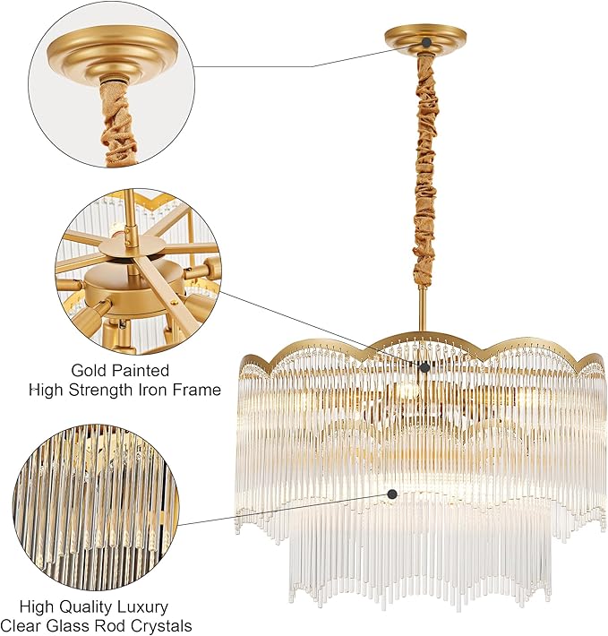 22.83" Gold Clear Glass Crystal Chandelier 8-Light Modern Crystal Pendant Ceiling Light Fixture 2-Tier Luxury Glass Chandeliers,for Dining Room Kitchen Island Living Room Bedroom