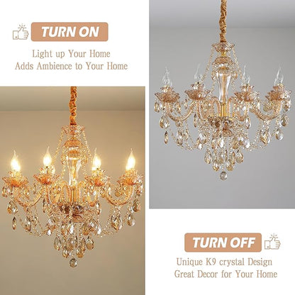 Bagood Champagne 8 Lights K9 Crystal Candle Chandeliers Lighting Candle Chandelier Lighting Modern Pendant Lights for Dining Living Room Bedroom Entry Elegant Decoration E12 Base, H22.8 x W27.2 Inch
