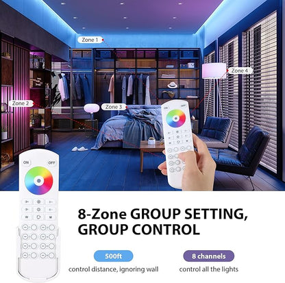RC05RF RF Remoter, 8-Zone 2.4G Handheld Remote Control Work with RGBCCT RGBW CCT RGB LED Controller (WB5/LM052/LM053), 500ft Wireless Control / 4 Channel Group Control for Home LED Strip Lights