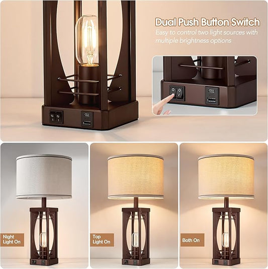 SRJJA Farmhouse Table Lamps Set of 2 for Living Room, Rustic Bedside Nightstand Lamps with USB A+C Charging Ports, 22.5" Dual Light Industrial Table Lamp with Linen Shade for Bedroom End Tables