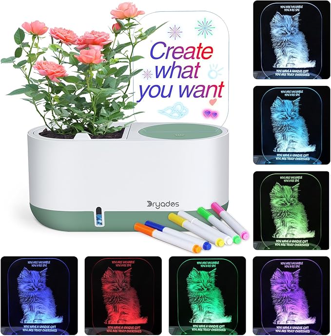 Self-Watering Plant Pot with LED Note Board & 7 Colors Pen Acrylic Message Board with Light Acrylic Dry Erase Board, Led Cat Board Night Light with Planting Pot for Children's Day Gifts(No Plant&Seed)