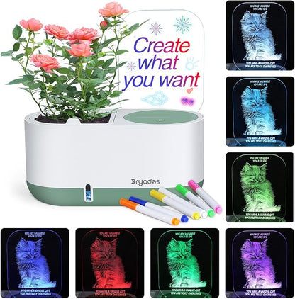 Self-Watering Plant Pot with LED Note Board & 7 Colors Pen Acrylic Message Board with Light Acrylic Dry Erase Board, Led Cat Board Night Light with Planting Pot for Children's Day Gifts(No Plant&Seed)