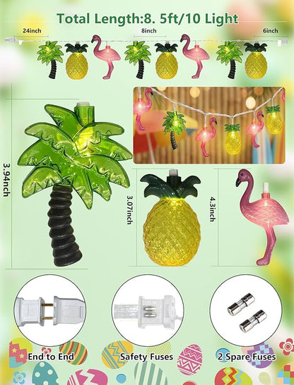 8.5Ft Summer Beach Hawaiian String Lights Outdoor with 10 LED Flamingo Pineapple Palm Tree Lights, Plug in Tropical Party Decorations Lights for Patio Backyard Garden Window Tiki Bar Pool Party Decor