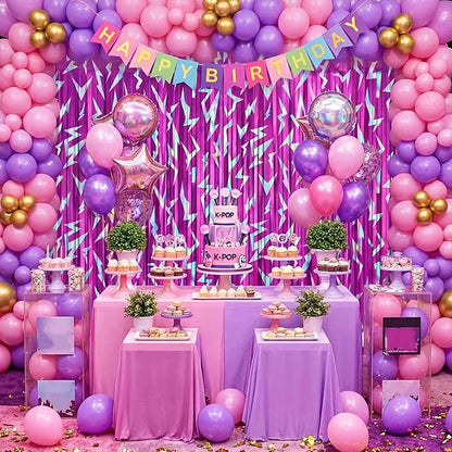Tudomro 4 Pack Kpop Birthday Party Decoration Pink Purple Lightning Streamers Backdrop Blue with Purple Lightning Print Foil Fringe Tinsel Curtains for Photo Prop Themed Party Supplies