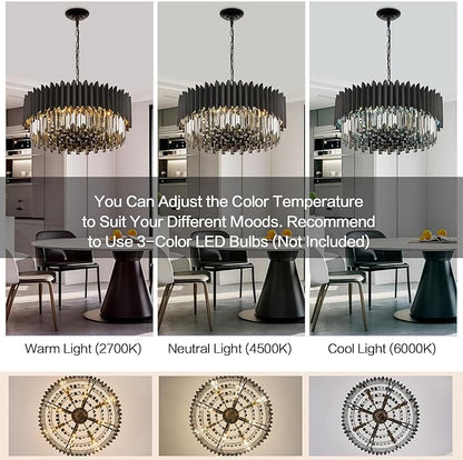 Black Crystal Chandelier 23.62'' K9 Smoke Crystal Round Pendant Lights 8 Lights 5-Tier Large Modern Chandelier for Dining Room Living Room Bedroom Foyer Entryway