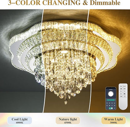 Silver 30" Modern Flush Mount Chandelier for Living Room, LED Crystal Ceiling Light for Bedroom,Elegant Dining Room Lighting Fixture with Remote Control, 3CCT Dimmable