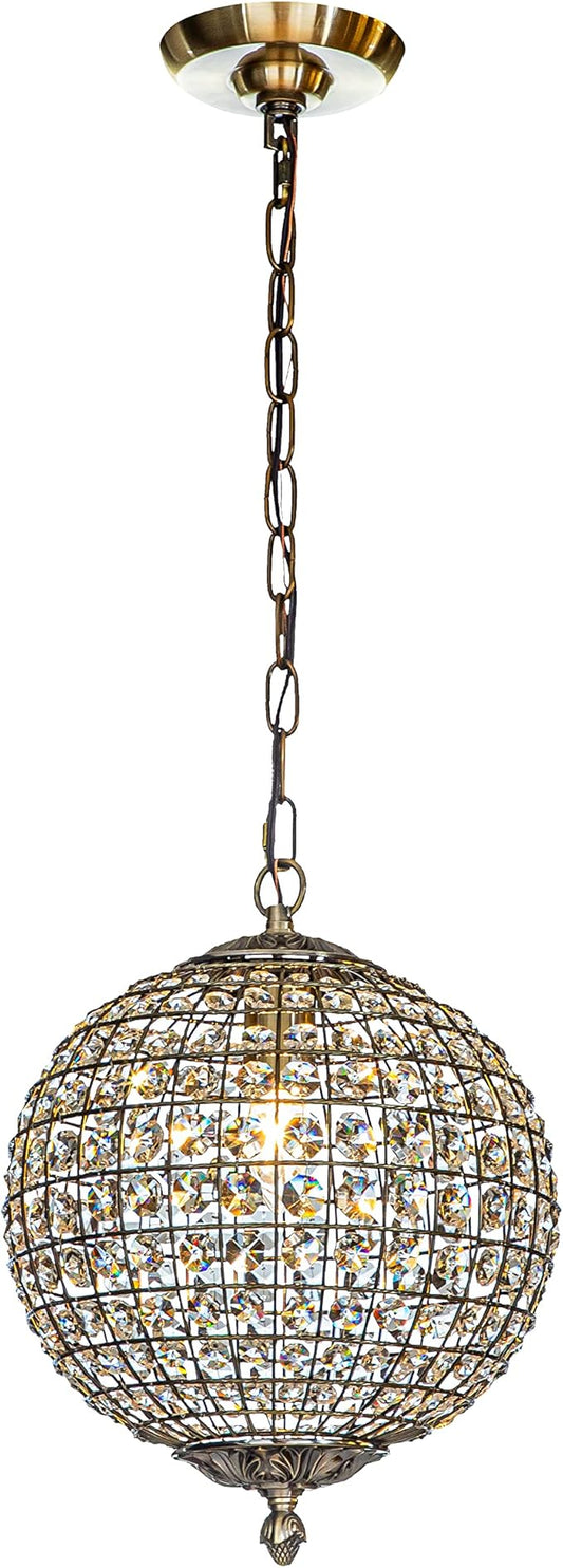 ALOADECOR 1-Light W12 in. Retro Antique Gold Globe Chandelier Small Crystal Vintage Cage-Style Shade Pendant Light for Kitchen Island Sphere Light Fixture for Bedoom