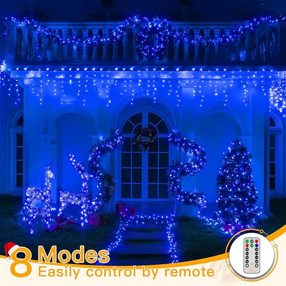 Ollny Icicle Lights for Outside 400LED 32FT, Blue Christmas Light with Remote 8Modes Timers Waterproof, Plug in Connectable Hanging Lights for Outdoor Indoor House Roof Holiday