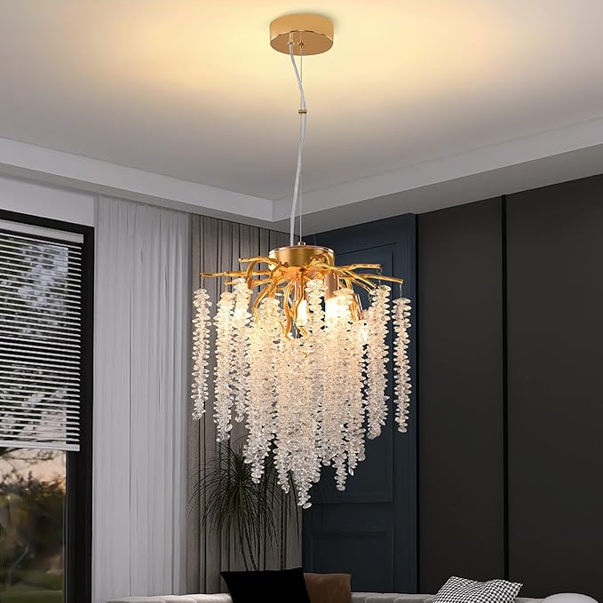 Modern Tree Branch Chandelier, D11.8'' Gold Crystal Raindrop Indoor Hanging Pendant Light Fixture for Dining Room Kitchen Island Bedroom 5 Lights
