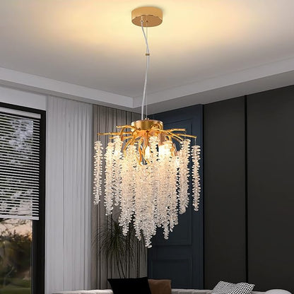 Modern Tree Branch Chandelier, D11.8'' Gold Crystal Raindrop Indoor Hanging Pendant Light Fixture for Dining Room Kitchen Island Bedroom 5 Lights