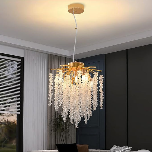 Modern Tree Branch Chandelier, D11.8'' Gold Crystal Raindrop Indoor Hanging Pendant Light Fixture for Dining Room Kitchen Island Bedroom 5 Lights