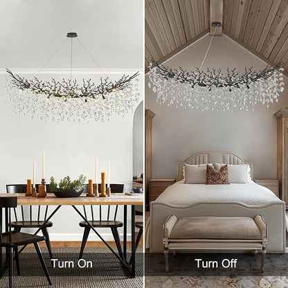 Modern Crystal Black Chandelier,63" Large Rectangular Dining Room Over Table Chandeliers, Tree Branch Crystal Lving Room Chandelier for High Ceiling,Kitchen Island