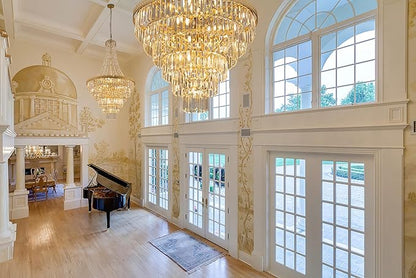 TOCHIC French Empire Crystal Chandelier Modern Farmhouse Chandelier Ceiling Light for Foyer Entryway High Ceiling, Vintage Gold Chandelier Light Fixture for Dining Living Room 28" W x 48" H