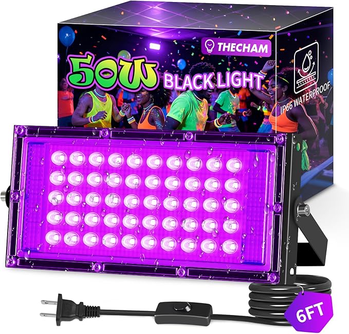 THECHAM 50W LED Black Lights IP66 Waterproof Black Light Outdoor with 6ft Plug+Switch,Flood Blacklight for Halloween Glow in The Dark Party Stage Light Neon Glow Birthday 1 Pack