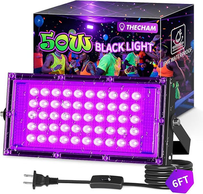 THECHAM 50W LED Black Lights IP66 Waterproof Black Light Outdoor with 6ft Plug+Switch,Flood Blacklight for Halloween Glow in The Dark Party Stage Light Neon Glow Birthday 1 Pack