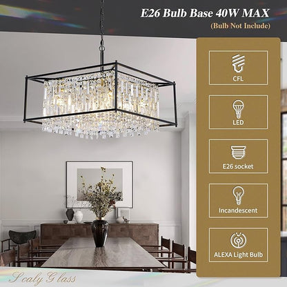 Miuyhji Black Chandeliers for Dining Room, Black Square Lndustrial Chandelier Crystal Pendant Light for Kitchen Island Dining Room Living Room Flat and Inclined Ceiling,L24 x W24 x H17.5