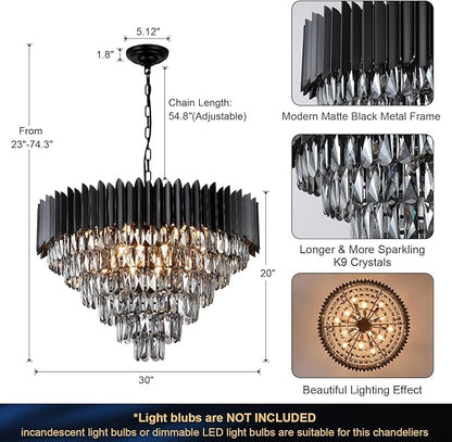 A AXILIXI Large Black Crystal Chandeliers Modern 30'' Round Chandeliers Lights Fixtures for Foyer Pendant Light 16 Lights 6-Tiers Smoke K9 for Staircase Dinning Room Living Room Bedroom