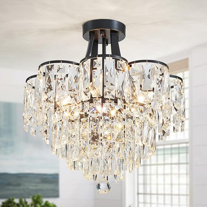 WUZUPS Crystal Chandelier Semi-Flushmount Ceiling Light Modern Lighting Fixture for Bedroom Hallway Entry Kitchen Bathroom, H 19.3" x W 18.3", E12 Base, Black