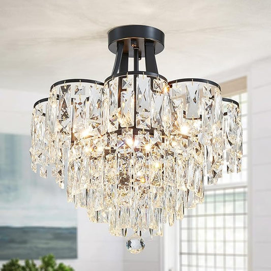 WUZUPS Crystal Chandelier Semi-Flushmount Ceiling Light Modern Lighting Fixture for Bedroom Hallway Entry Kitchen Bathroom, H 19.3" x W 18.3", E12 Base, Black