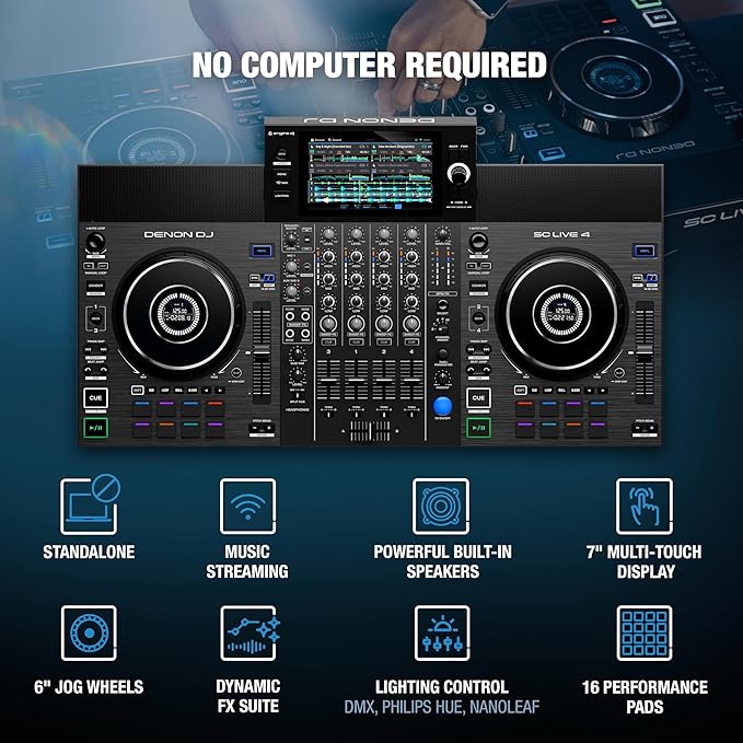 Denon DJ SC Live 4 DJ Controller and DMX Lighting Controller for Live Music, DJ sets, Events, Music production