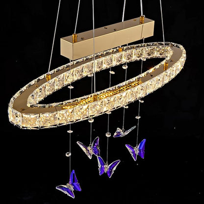 L 24" LED Gold Crystal Butterfly Chandelier, Dimmble LED Light Fixtures with Remote, Gold Modern Oval Crystal Chandeliers, for Dining Room, Kitchen Island, Entryway, Living Room, Bedroom