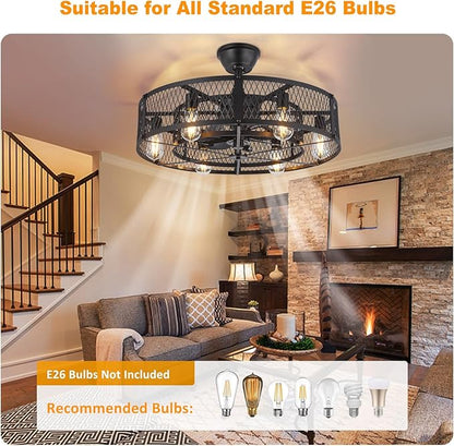 Depuley Outdoor Ceiling Fan with Light: 26" Caged Ceiling Fans with Remote Control for Patio Kitchen Bedroom - Farmhouse Fandelier Flush Mount Lights Fixture Reversible 6 Speed Timer Black