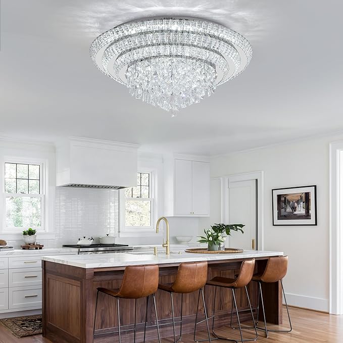 30 inch Crystal Silver Ceiling-Light Flush Mount With Remote Control and APP, 3CCT Dimmable & Brightness Adjustable, Modern Crystal Raindrop Chandeliers for Bedroom Hallway Dinning Room Living Room