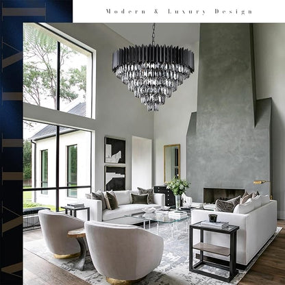 A AXILIXI Large Black Crystal Chandeliers Modern 30'' Round Chandeliers Lights Fixtures for Foyer Pendant Light 16 Lights 6-Tiers Smoke K9 for Staircase Dinning Room Living Room Bedroom