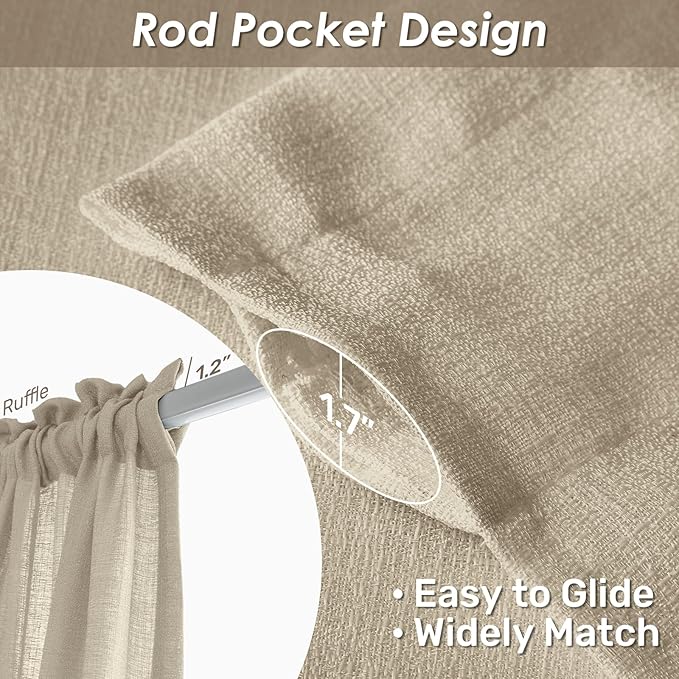 Melodieux Tan Semi Sheer Curtains 72 Inches Long for Bedroom, Living Room Farmhouse Linen Look Shiny Sheer Drapes, Rod Pocket Light Filtering Sheer Curtains, 52" W x 72" L, 2 Panels