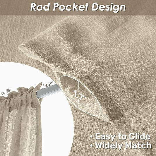 Melodieux Tan Semi Sheer Curtains 72 Inches Long for Bedroom, Living Room Farmhouse Linen Look Shiny Sheer Drapes, Rod Pocket Light Filtering Sheer Curtains, 52" W x 72" L, 2 Panels