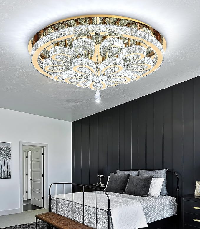 Modern Chandeliers for Living Room Crystal Chandelier Ceiling Light Fixture LED Dimmable with Remote Pendant Lighting Flush Mount Lighting for Dining Room Bedroom Gold