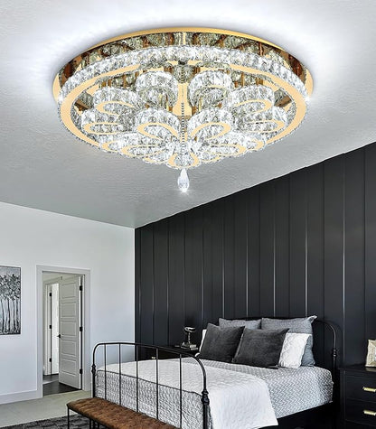 Modern Chandeliers for Living Room Crystal Chandelier Ceiling Light Fixture LED Dimmable with Remote Pendant Lighting Flush Mount Lighting for Dining Room Bedroom Gold