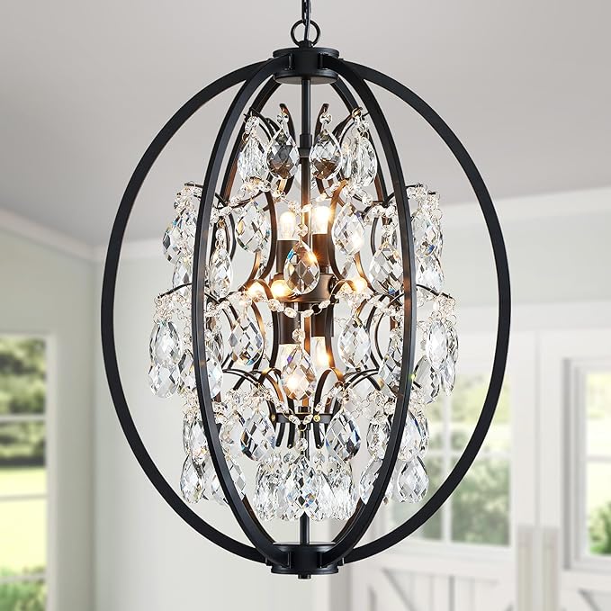 WUZUPS Globe Crystal Chandelier Raindrop Pendant Flushmount Ceiling Light Modern Lighting Fixture for Bedroom Hallway Bar Kitchen Bathroom, H 23.6" x W 19.7", Black, 8 E12 Base
