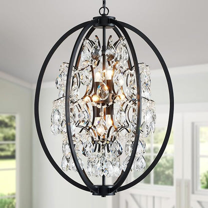 WUZUPS Globe Crystal Chandelier Raindrop Pendant Flushmount Ceiling Light Modern Lighting Fixture for Bedroom Hallway Bar Kitchen Bathroom, H 23.6" x W 19.7", Black, 8 E12 Base
