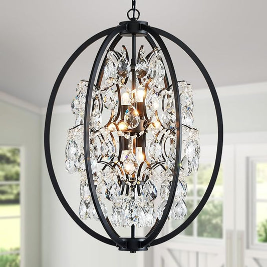 WUZUPS Globe Crystal Chandelier Raindrop Pendant Flushmount Ceiling Light Modern Lighting Fixture for Bedroom Hallway Bar Kitchen Bathroom, H 23.6" x W 19.7", Black, 8 E12 Base