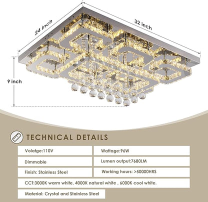 32 inch Flush Mount Chandelier Crystal Ceiling Light with Remote Control/APP,3CCT Dimmable&Brightness Adjustable, Modern Crystal Raindrop Silver Chandeliers for Bedroom Hallway Dinning Room LivingRoom