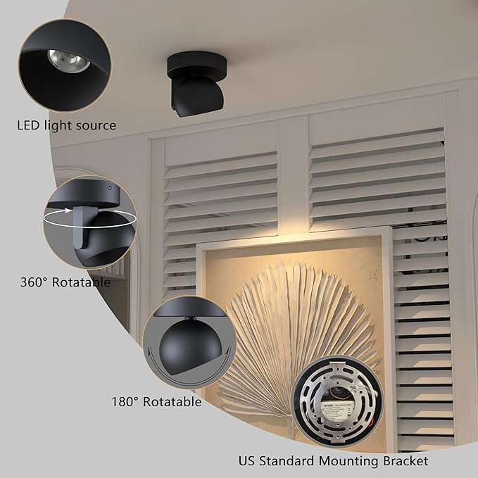 LED Ceiling Light Dimmable Flush Mount Adjustable Ceiling Light Fixture, Directional Spotlight for Pictures Living Room Bedroom Foyer - 3000K 11W 25° Flicker Free (Black)