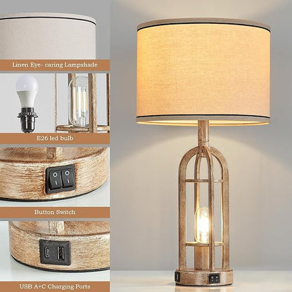 SRJJA Farmhouse Table Lamps for Living Room End Table Set of 2 - Rustic Bedside Lamps for Bedroom Nightstand with Night Light & USB A+C, Bulbs Included