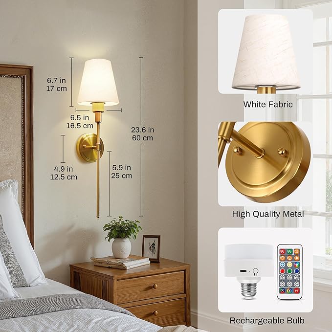 DORESshop Battery Operated Wall Sconce Set of 2, 7 Color Wireless Wall Light Easy to Install, Sconce Wall Decor Set of 2 for Bedroom, Living Room, Fabric Linen Shade, Gold, 24.6in